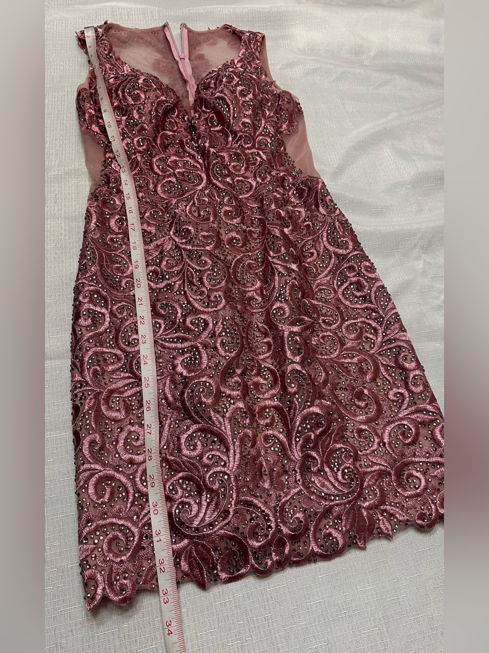 Mori Lee Rose Pink Beaded V-Neck Mini Dress - Picture 11 of 16